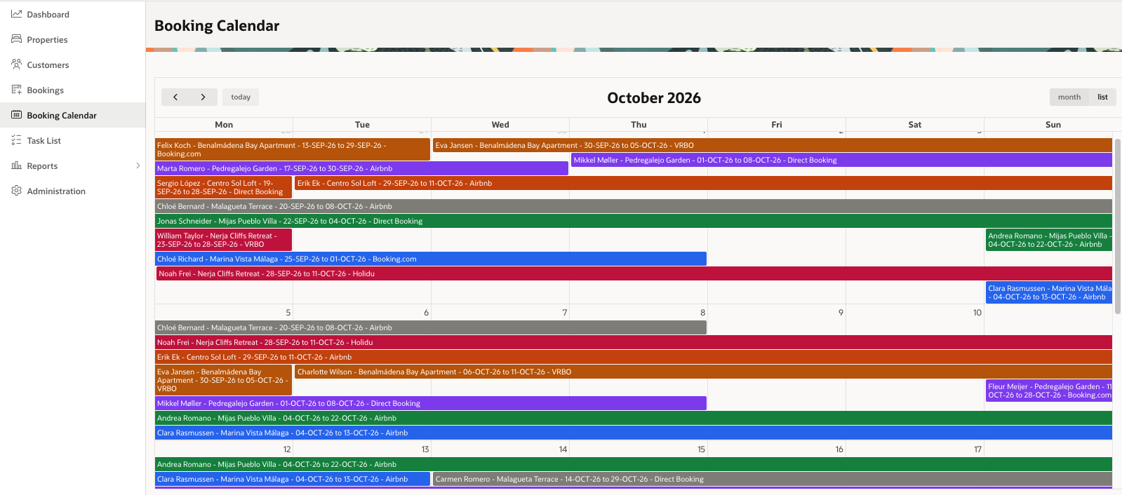 Calendario de reservas de Alojivo de octubre de 2026 con estancias en varias propiedades, cada una con huésped, propiedad, fechas y plataforma de reserva.
