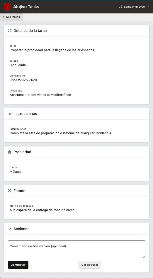 Aplicación web para empleados de Alojivo en un móvil con una tarea: estado, vencimiento, propiedad, instrucciones, ciudad, motivo del bloqueo y botón Completar.