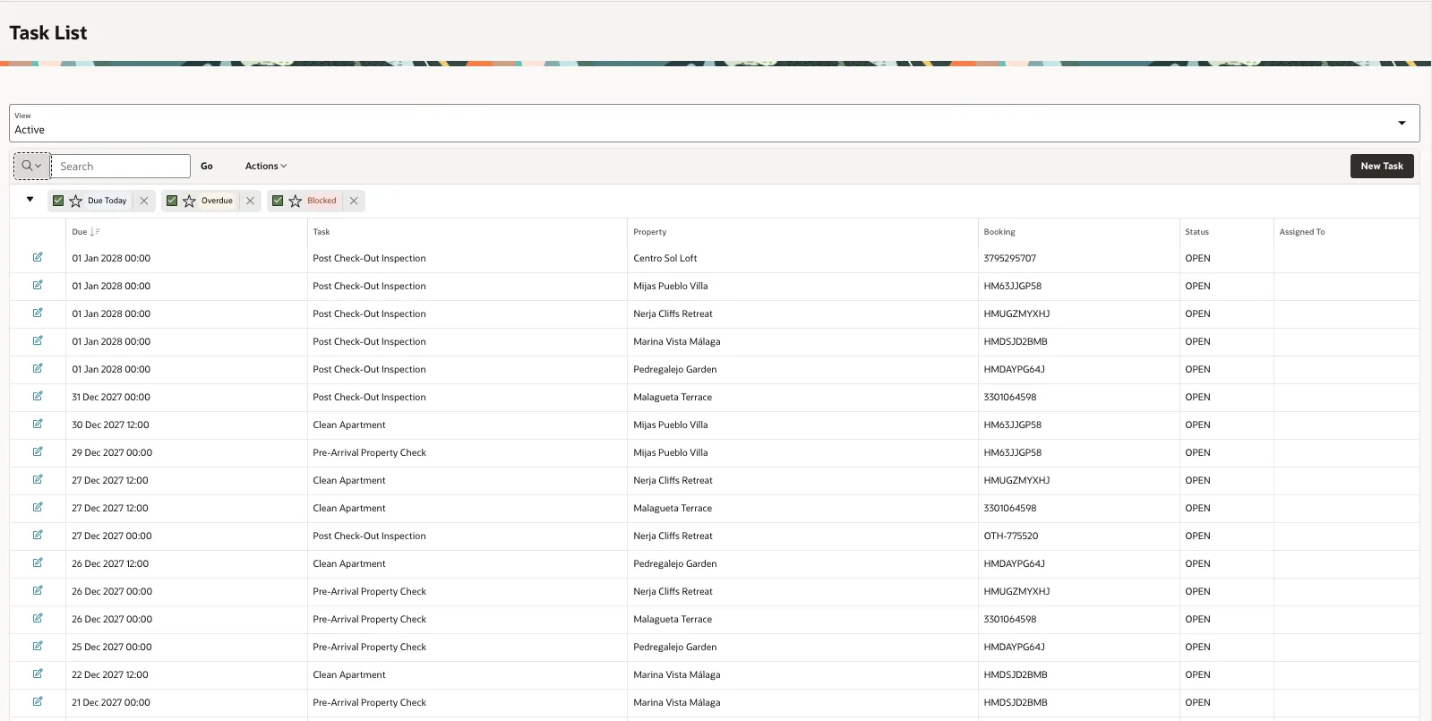 Lista de tareas de Alojivo para responsables con filtros de tareas para hoy, atrasadas y bloqueadas, con fecha, tarea, propiedad, reserva y estado.